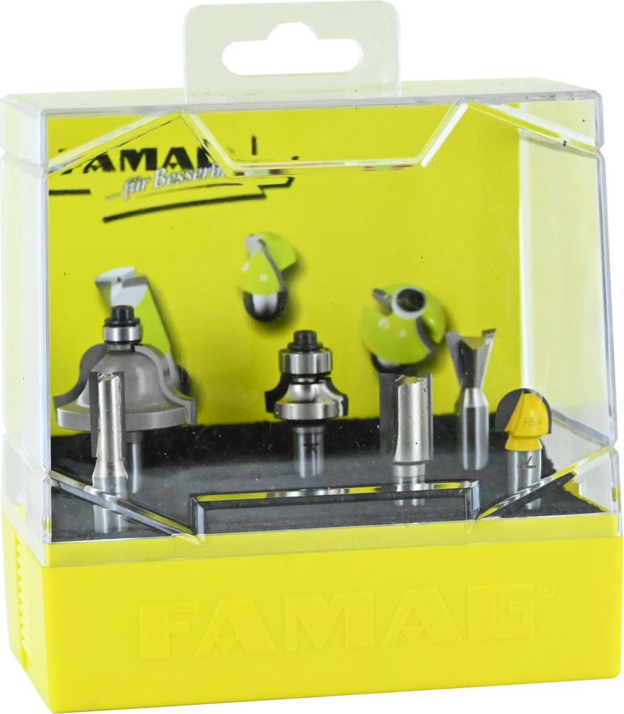 FAMAG 6-teiliges Kombi Set HM-bestückt Gratfräser Hohlkehlfräser Profilfräser Nutfräser Schaft 8mm Vollhölzer Holz- & Plattenwerkstoffe