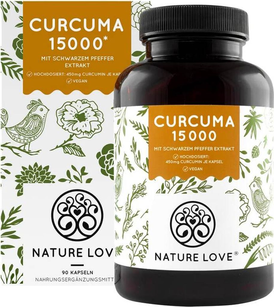 Nature Love Curcuma 15.000 | 90 Kapseln | 450 mg Curcumin pro Kapsel | hochdosiert aus 95% Extrakt | 9-Monatsvorrat | vegan