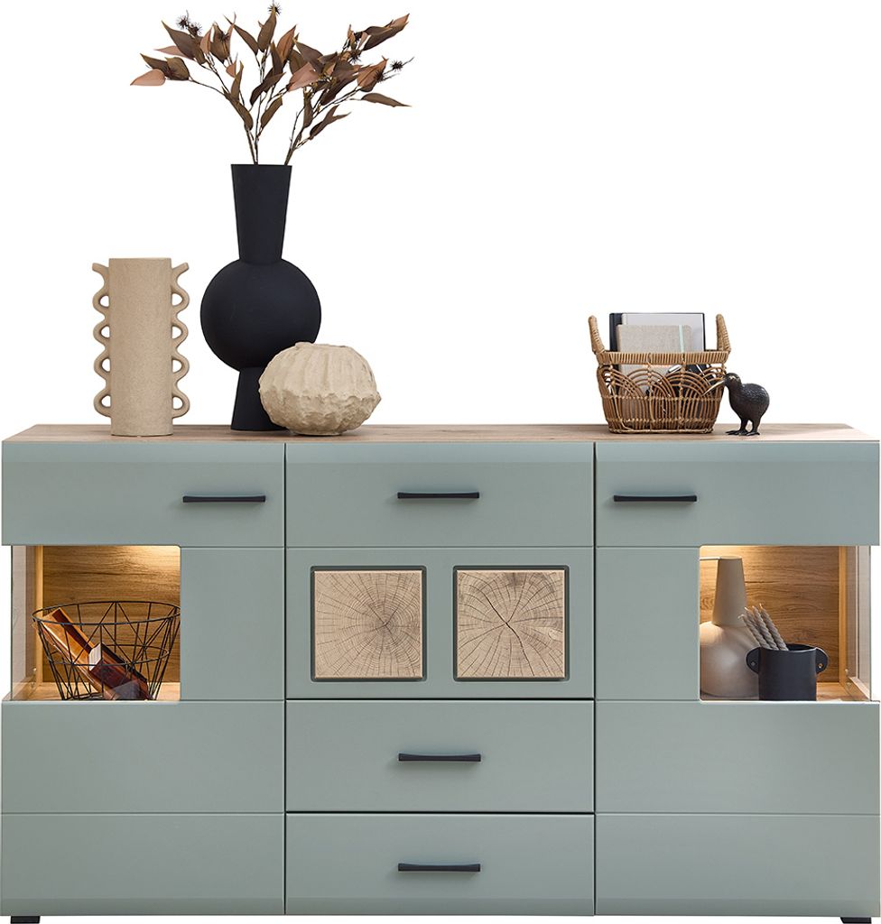 Sideboard 170cm mit Beleuchtung, Eiche mit Schilfgrün, FARO-36-REED