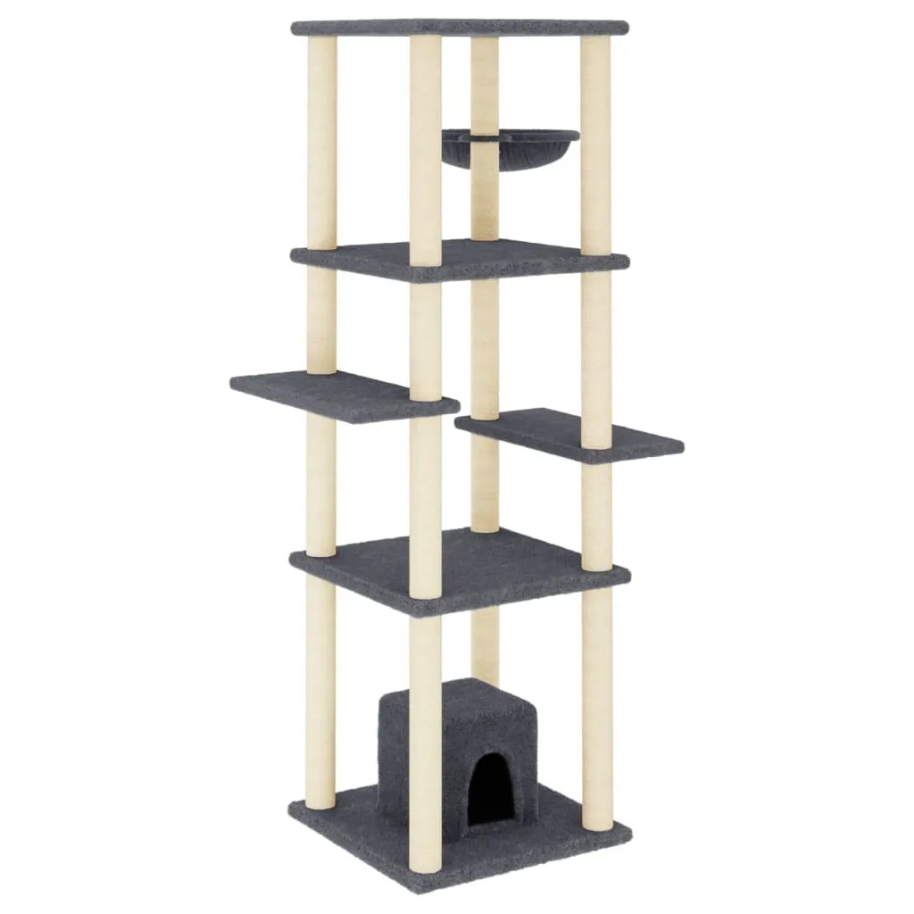 Graffiatoio a Torre 154 cm Grigio Scuro - Sisal Naturale e Peluche