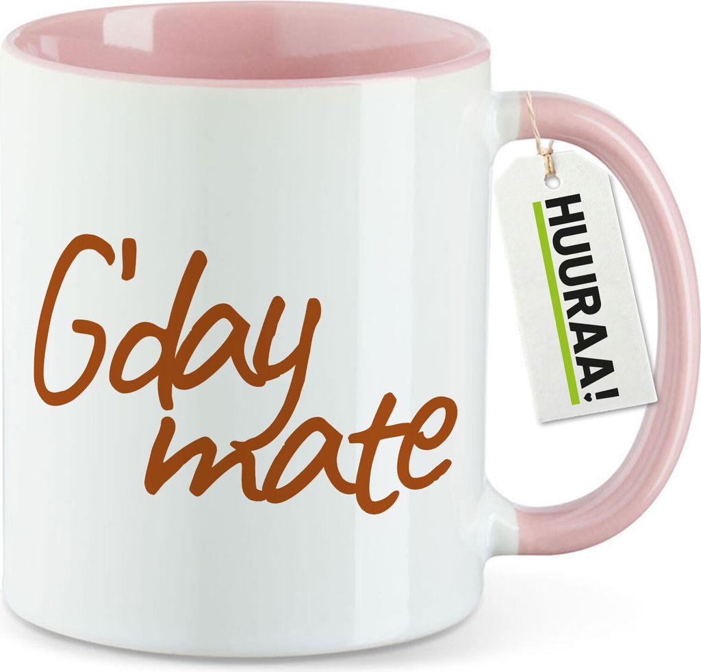 Huuraa Kaffeetasse G`day mate Spruch 330ml Rosa Keramik Kaffeebecher Geschenkidee