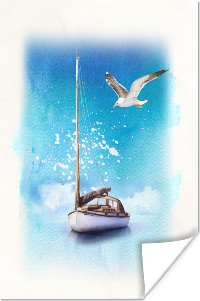 MuchoWow Poster Boot - Meer - Möwe 40x60 cm - Plakate für die Wand - Poster Babyzimmer