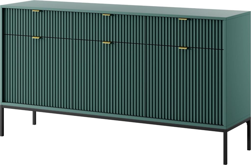Komodee, Kommode NANAIMO KSZ154 - Grün - Goldene Griffe - 3 Schubladen - Breite 154 cm, Höhe 83 cm, Tiefe 39 cm