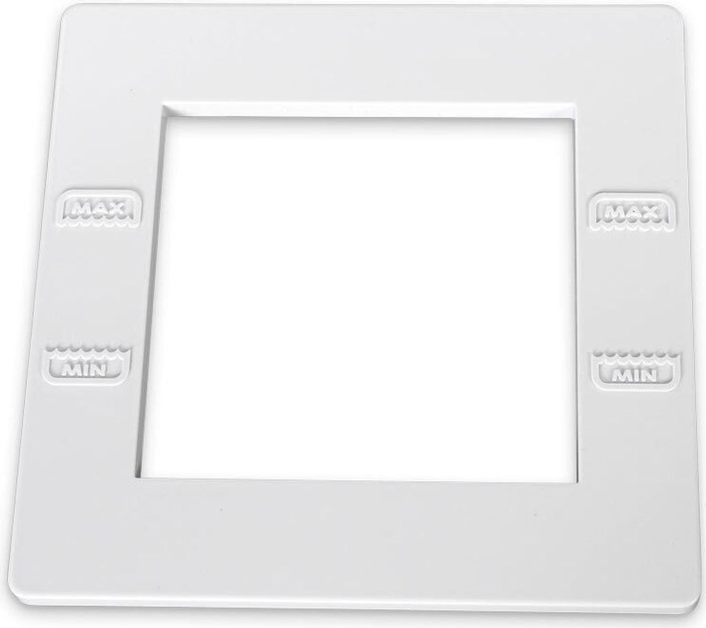 A white plastic frame with embossed markings.