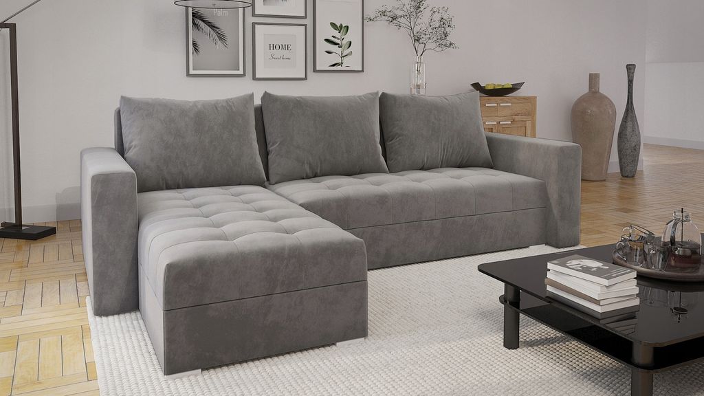 Easy4You Ecksofa FORSET Velours L-Form Grau – 235x86x145 cm - Schlafsofa mit Schlaffunktion - Eckcouch - Kissen – Stoff Manila 16
