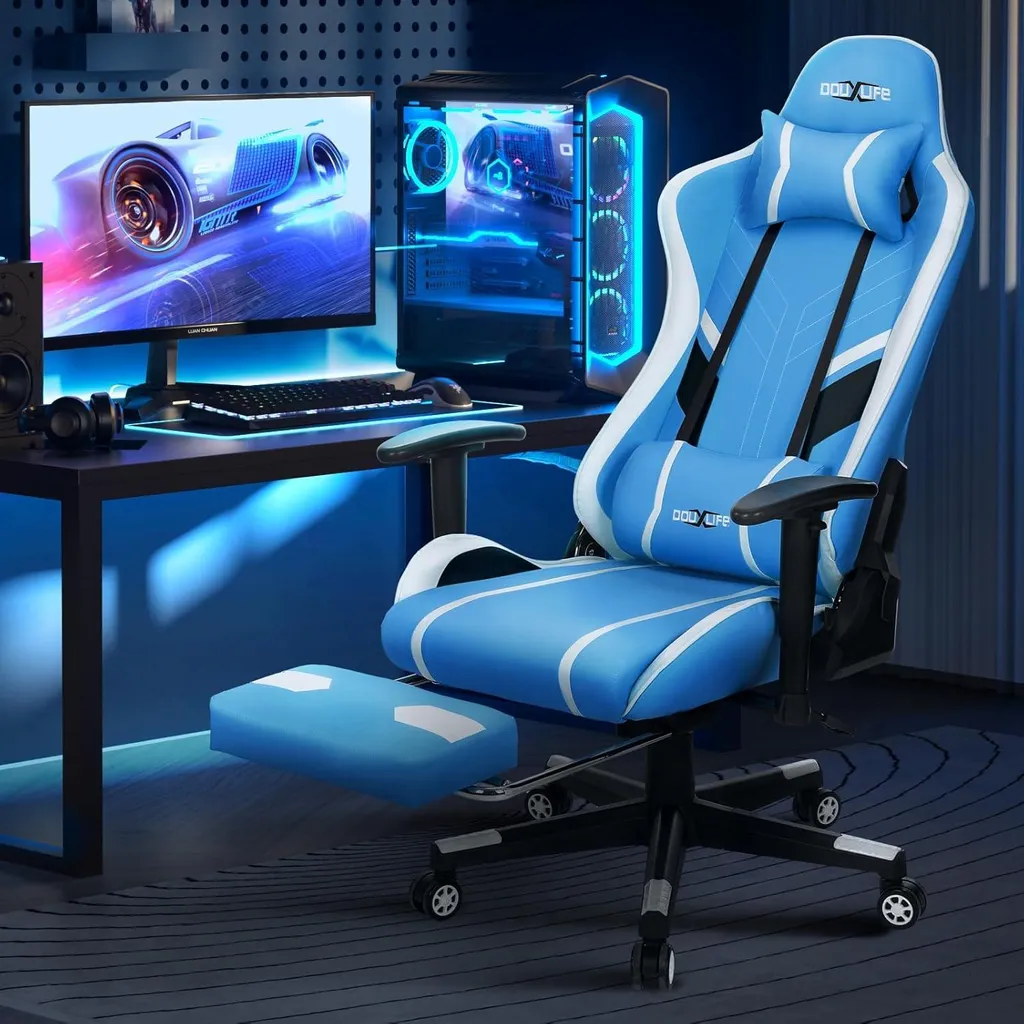 Chaise gaming massante 7 points et repose-pieds escamotable Bleu 180KG - 2