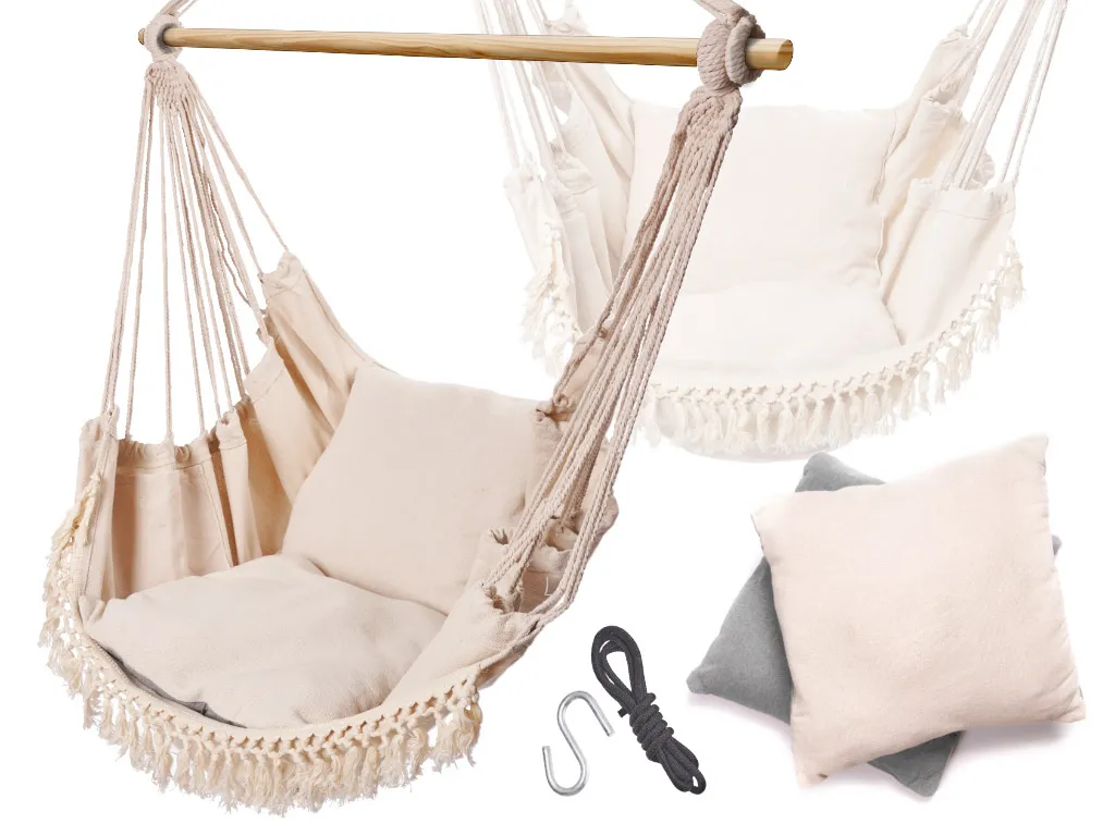 Sedia Pensile Aga Hamak Beige 120kg: Robusta con Cuscini e Legno