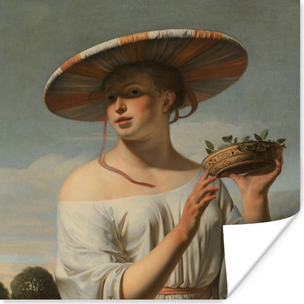 MuchoWow Poster Mädchen mit breitem Hut - Gemälde von Caesar Boëtius van Everdingen 75x75 cm - Wand Dekoration