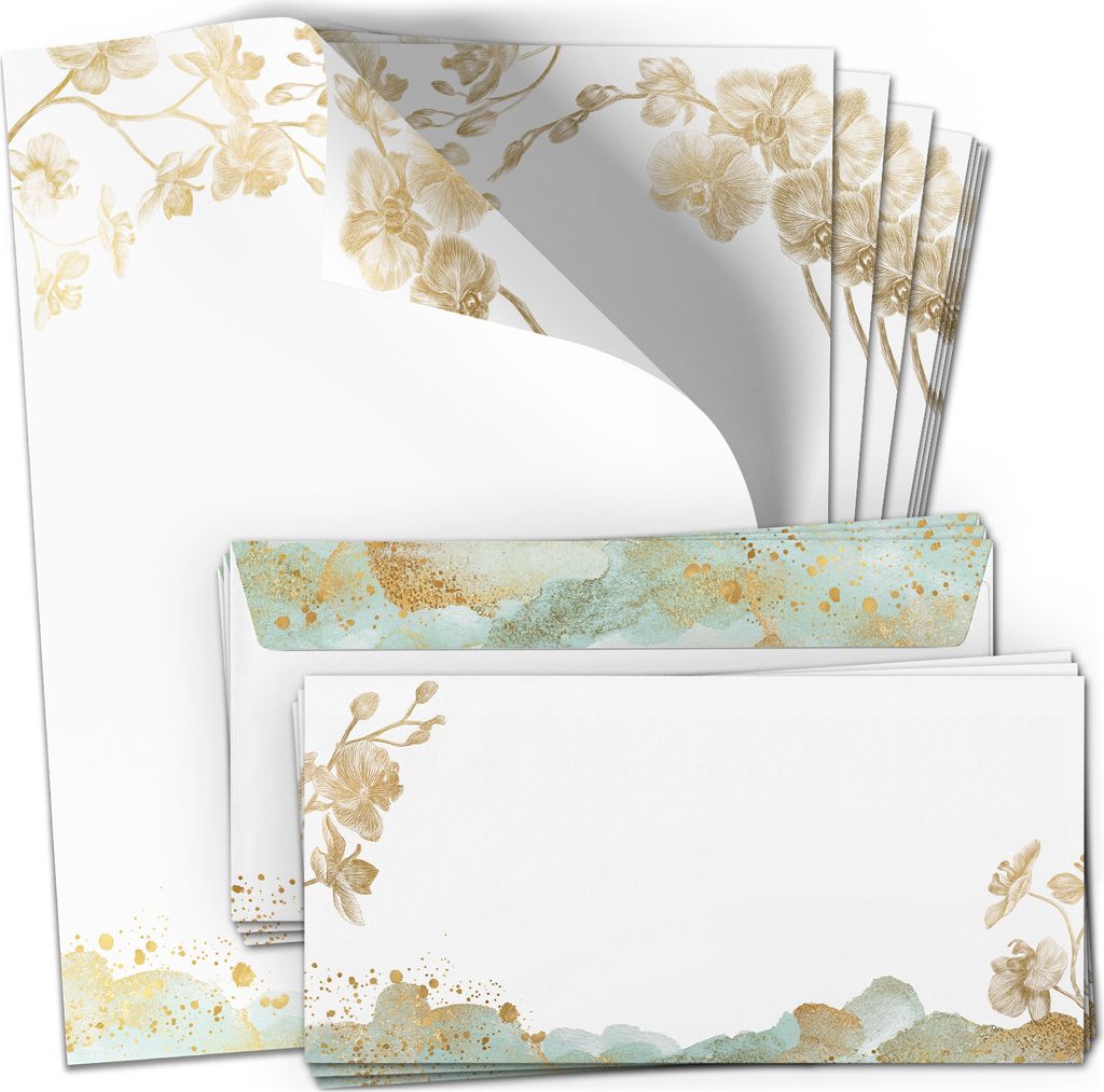 50 Briefpapier und Briefumschlag SET | Orchidee Gold-Look | Papier und Umschlag mit Design-Motiv bedruckt | 90 g/m²
