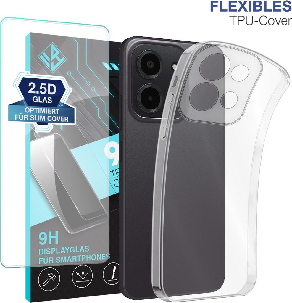 A product shot showing a phone case and screen protector for a smartphone.