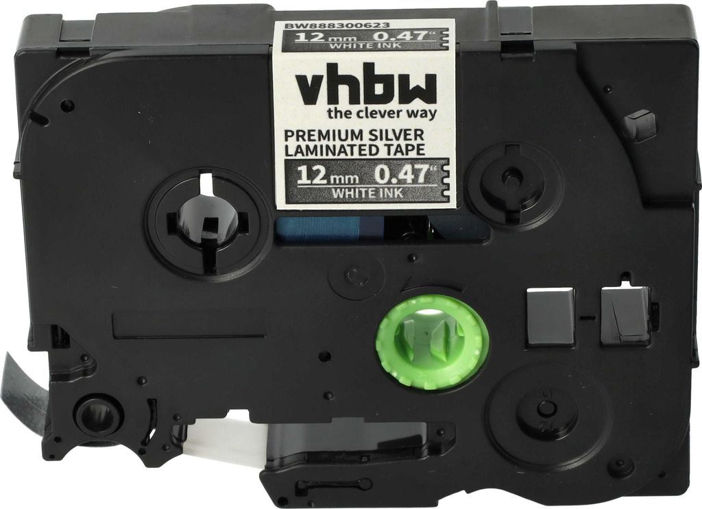 vhbw Schriftband-Kassette kompatibel mit Brother PT PT-9200PC, PT-9200, PT-9200DX Etiketten-Drucker 5m x 12mm Weiß auf Premiumsilber, Laminiert