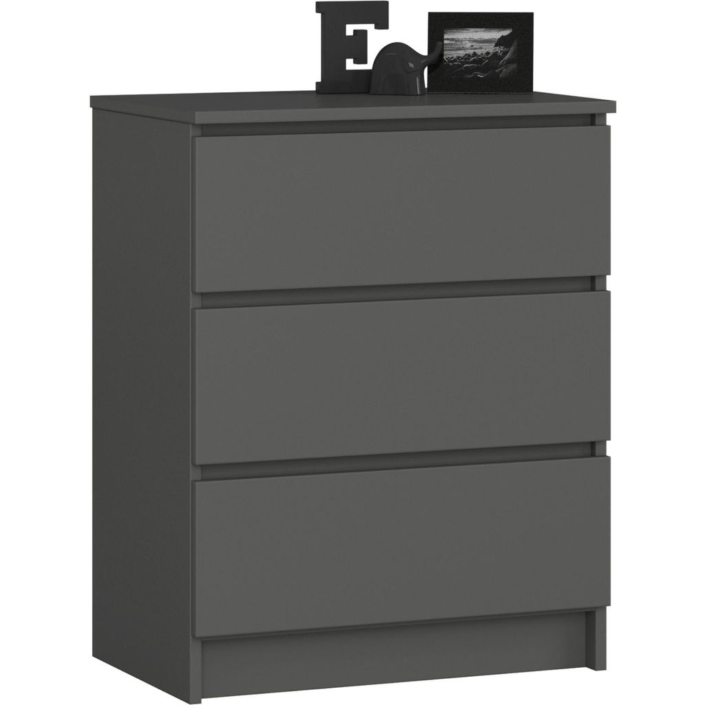 Kommode K60 3 Schubladen Wohnzimmer, Schlafzimmer, Laminierte Platte matt, H77 x B60 x T40 cm, Grau