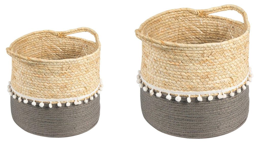 Pflanzkorb YUMI 2er Set aus Seegras - natur/grau Übertopf für Pflanzen, Aufbewahrungskorb geflochten, Folieneinsatz, vielseitig einsetzbar im Woh...