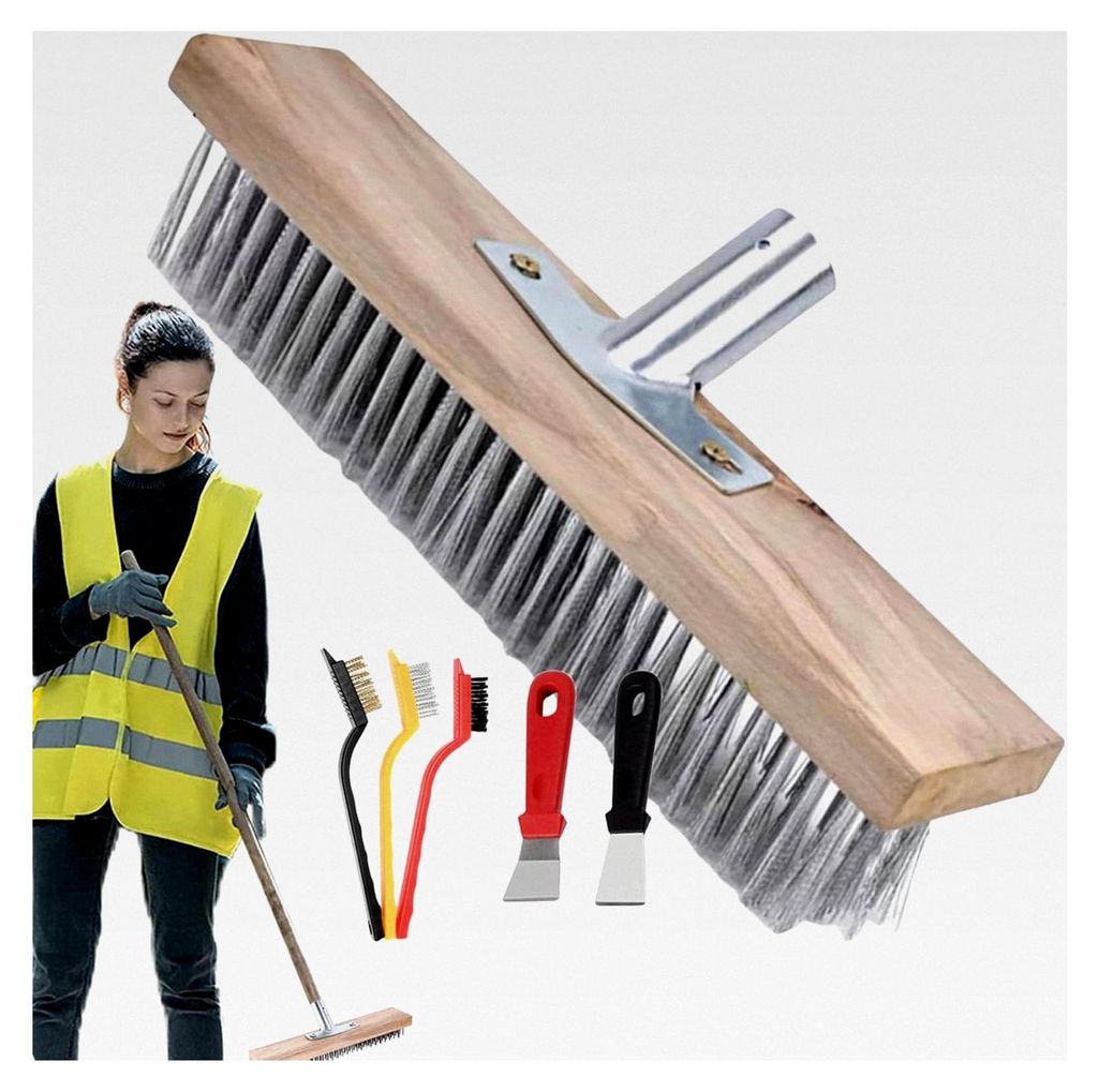 Schiebebesen für den Außenbereich, robuster Besen mit Edelstahlborsten, Metallhalter für Terrassen und Betonsteinfliesenböden