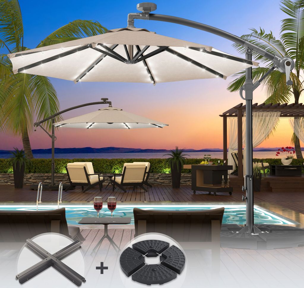 SUN LUCA | Sonnenschirm | Rund | Ø 300 cm | Taupe | LED | +Ständer | Sonnenschirm, Gartenschirm, Ampelschirm, Balkonschirm