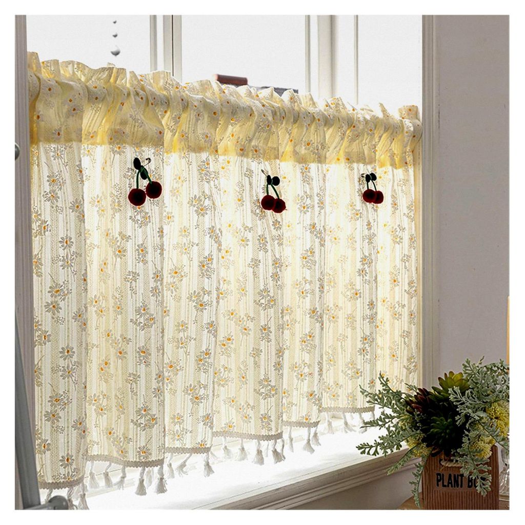 Kurzgardinen im Landhausstil Beige mit Häkeloptik, Bistrogardine aus Baumwolle mit Quasten für Cafézimmer (1 Stück, BxH 140x50 cm)