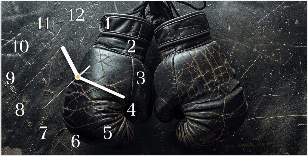Wanduhr aus Glas mit Motiv Boxhandschuhe Vintage- 60 x 30 cm - inkl. Aufhängesystem