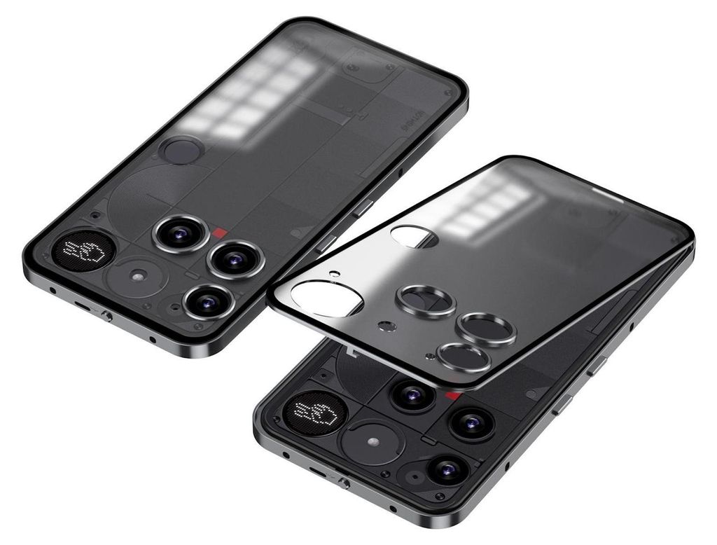 Two transparent phone cases are shown, one slightly lifted to reveal the phone underneath.