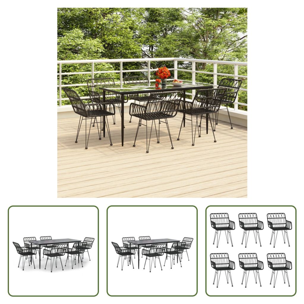 The Living Store 7-tlg. Garten-Essgruppe Schwarz Poly Rattan