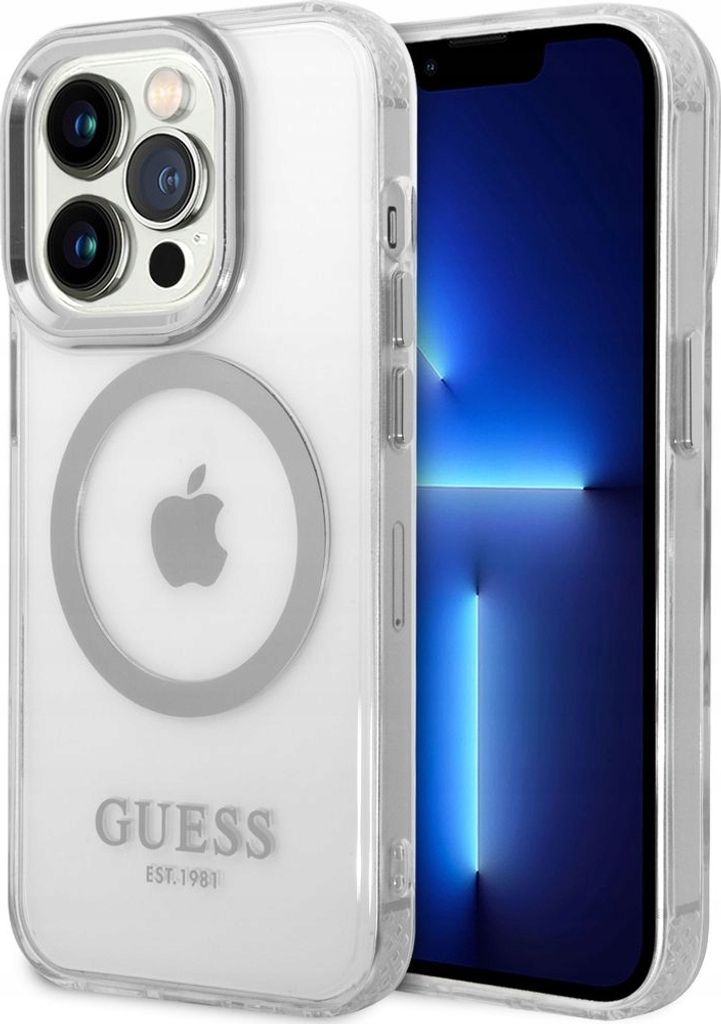 Guess GUHMP14XHTRMS iPhone 14 Pro Max 6,7" silberne Hartschalenhülle Metall Outline Magsafe Handyhülle