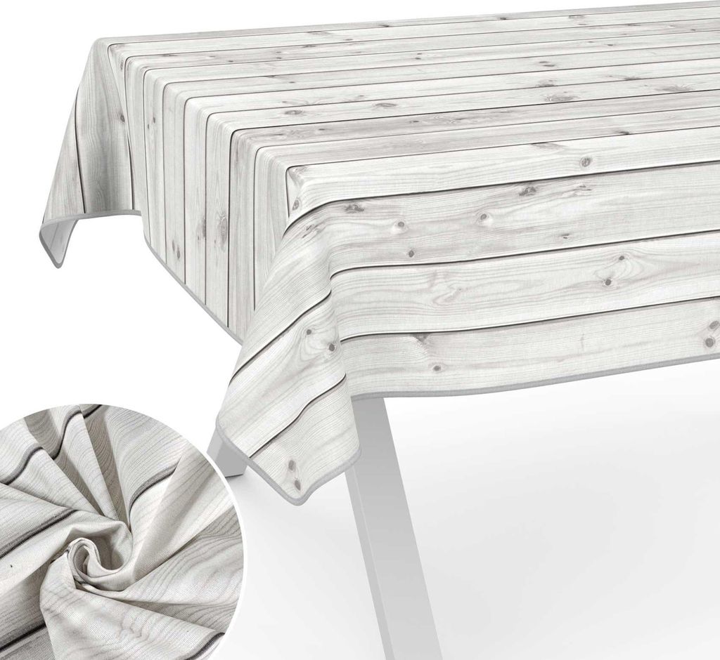 Tischdecke Holz aus Textil mit Exclusiven Motiven wasserabweisend Tischtuch Tischwäsche Aquarell Grau Breite 100cm Länge 180cm mit Paspelband