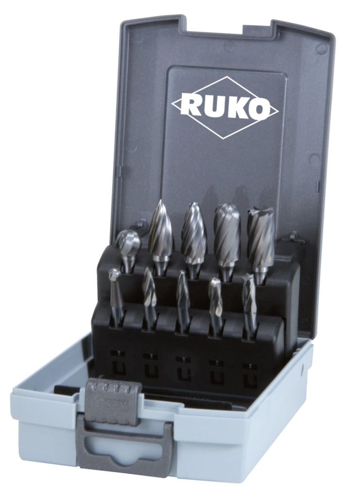 RUKO Hartmetall-Frässtifte-Satz in Kunststoffkassette - mit Alu-Verzahnung - 10 tlg. - 116103ARO
