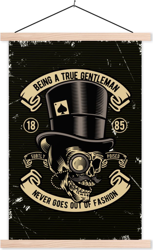 MuchoWow Textilposter Totenkopf - Hut - Retro - Zeichnung 120x180 cm mit holzfarbenen Rahmen - Textil-Plakat