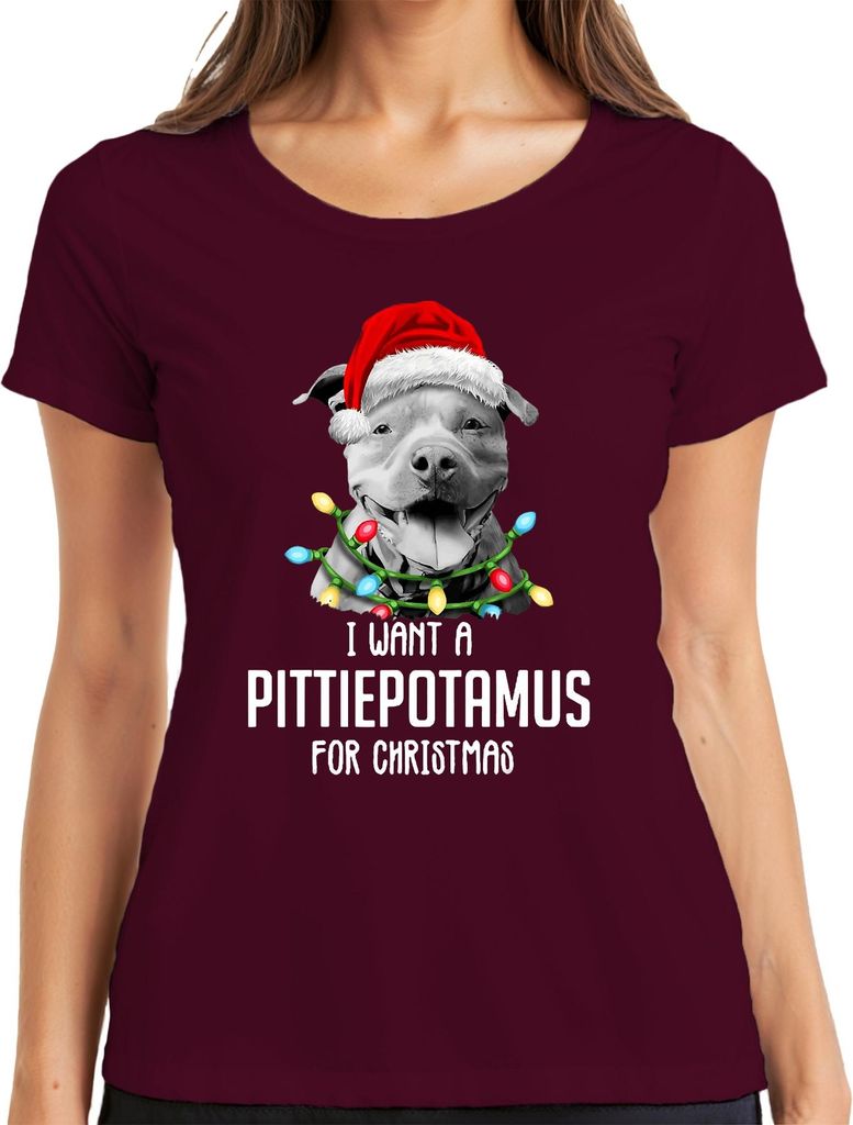 I Want A Pittiepotamus For Christmas Pitbull Santa Hat Funny Gift Damen T-Shirt, Burgundy, XXL