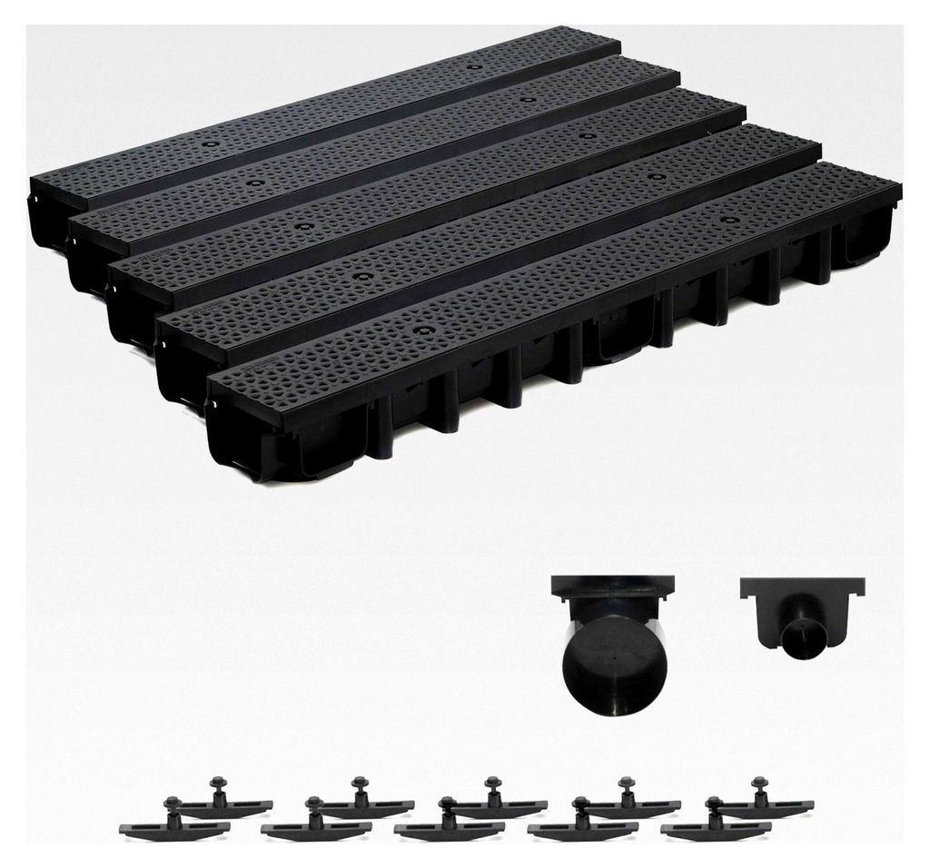 5m Entwässerungsrinne für modulares System A15 98mm, komplettes Stegrost aus Kunststoff, Schwarz Decor