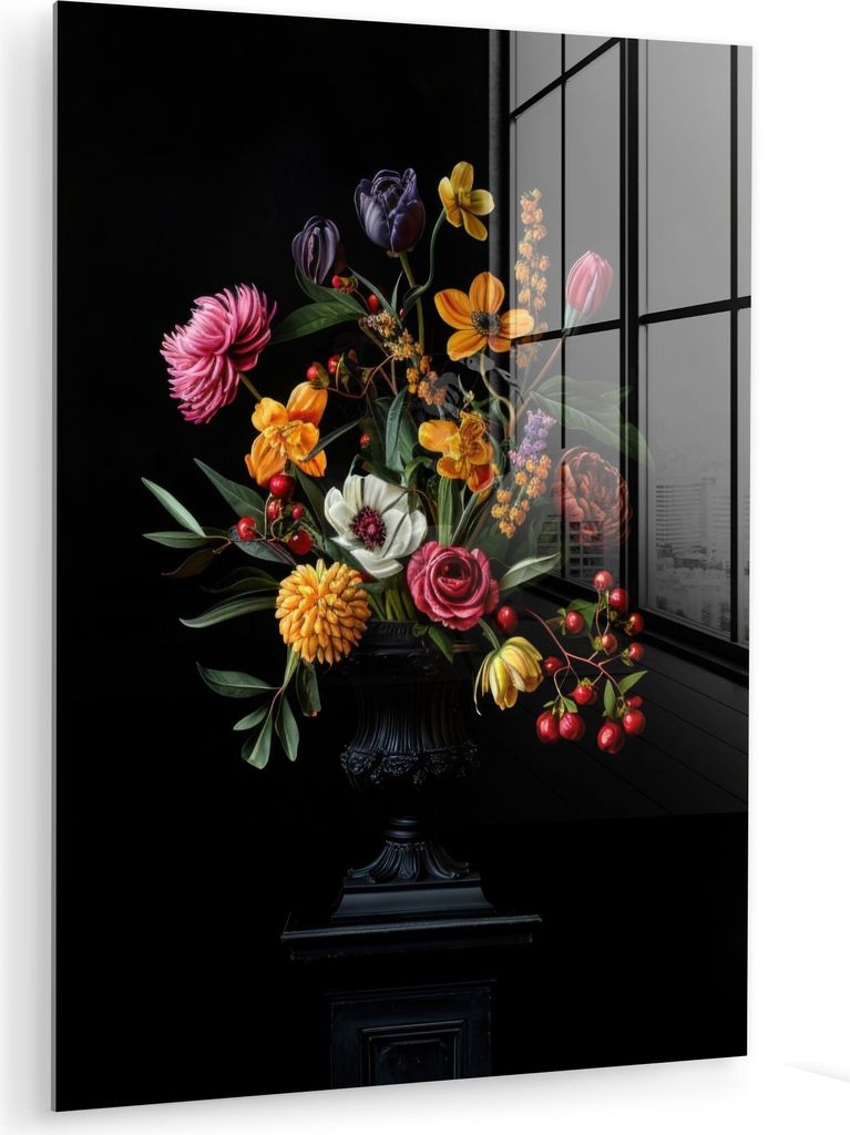 MuchoWow Glasbilder - Bilder auf Wandbild - Foto auf Glas Ornamental - Blumenstrauß - Blätter 30x40 cm Wanddekoration aus Glas - Acrylglasbild - ...