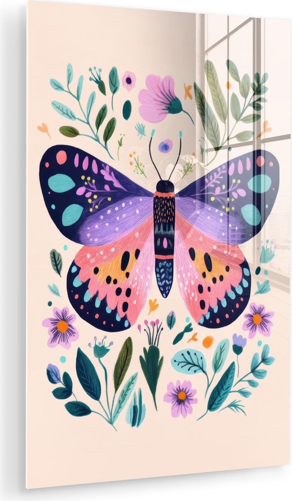 MuchoWow Glasbilder - Bilder auf Wandbild - Foto auf Glas Blumen - Blätter - Schmetterling - Farbenfroh 20x30 cm Wanddekoration aus Glas - Acrylgl...