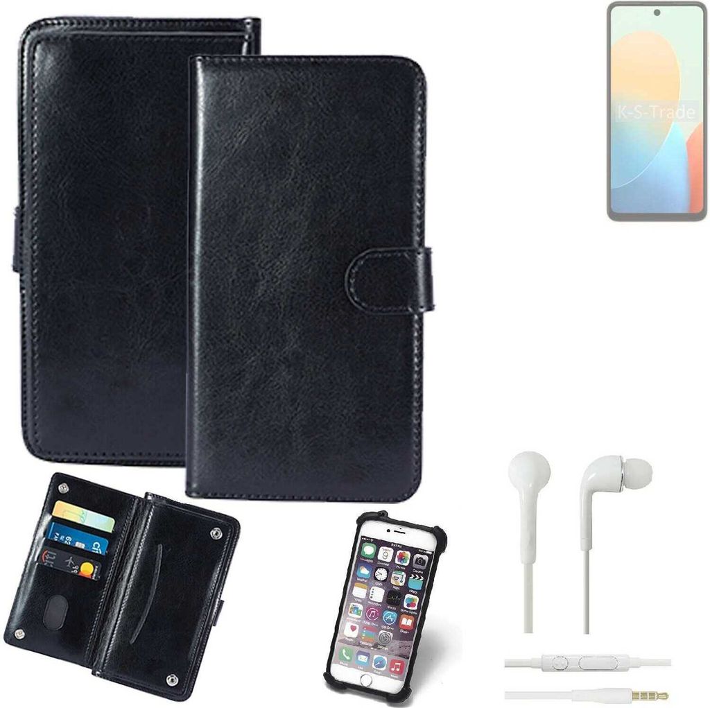 K-S-Trade 360° Hülle kompatibel mit Tecno Pop 8 inkl. Headphones schwarz Kunstleder Case BookCase WalletCase Kunstlederederhülle Handyhülle,