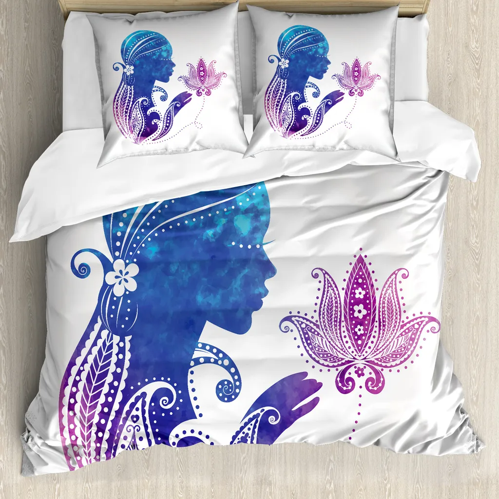 ABAKUHAUS Femminile Copripiumino, Donna con fiori tra i capelli, Antiacaro Adatto a chi soffre di allergie con federe, 200 cm x 200 cm - 80 x 80 cm, Viola-blu