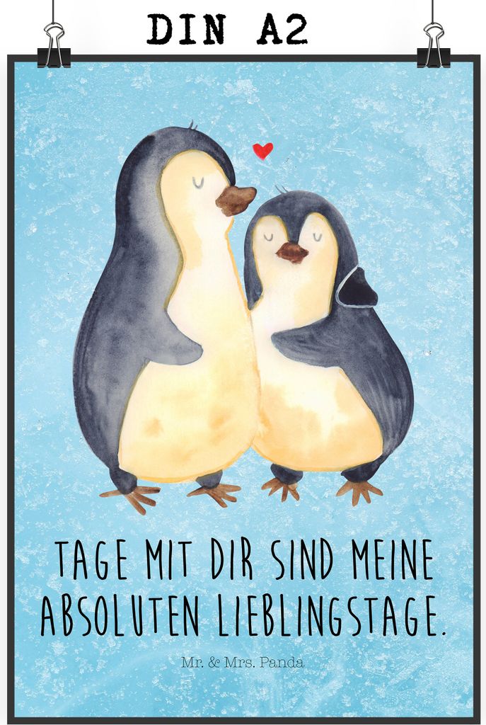 Mr. & Mrs. Panda Bild Pinguin umarmen DIN A2 - Eisblau - Geschenk, Deko, Hochzeitsgeschenk, drucke, Plakat, Hochzeitstag, wanddeko, kunstdruck post...