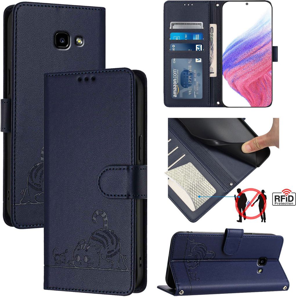 Leder Hülle für Samsung Galaxy A5 2017 Süße Katze Flip Case Brieftasche Schutzhülle mit Standfunktion Blau