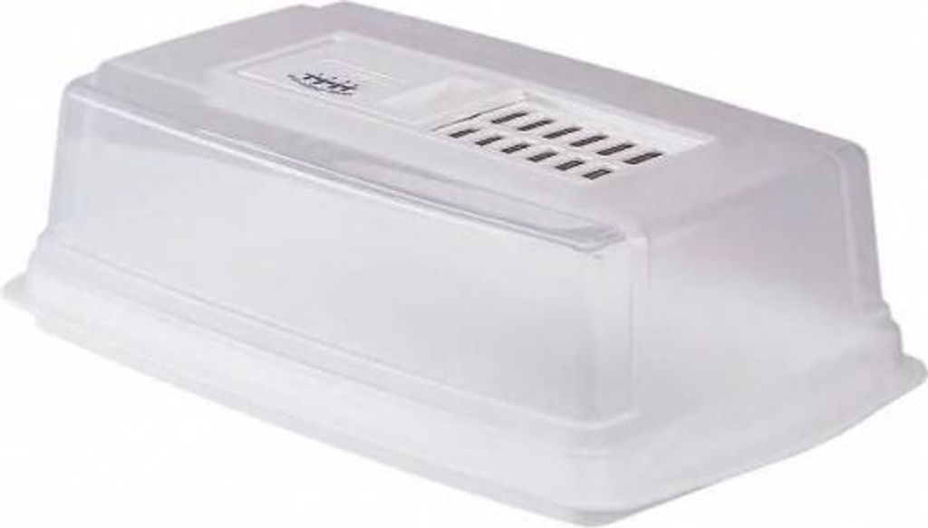 A clear, studio shot of a clear plastic food container with a white lid.