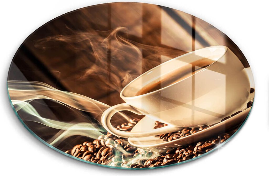 Glasschneideplatte - Herdabdeckplatte - fi40 cm -Schneidebrett - Spritzschutz - Tasse und Kaffeebohnen