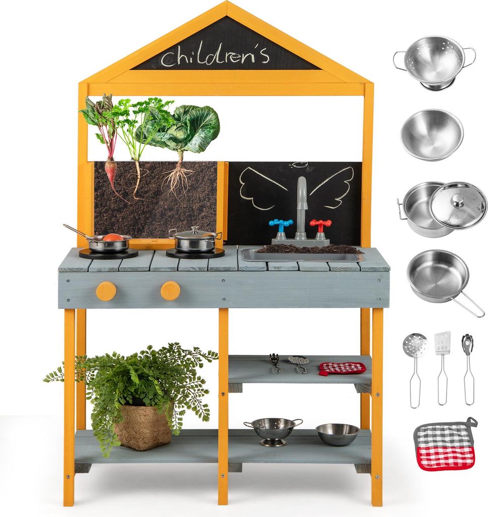 DREAMADE Kinder-Schlammküche, Outdoor-Spielküche mit transparentem Pflanzkasten, 2 Kreidetafeln, abnehmbarem Waschbecken & Stauraum, für Kinder ...