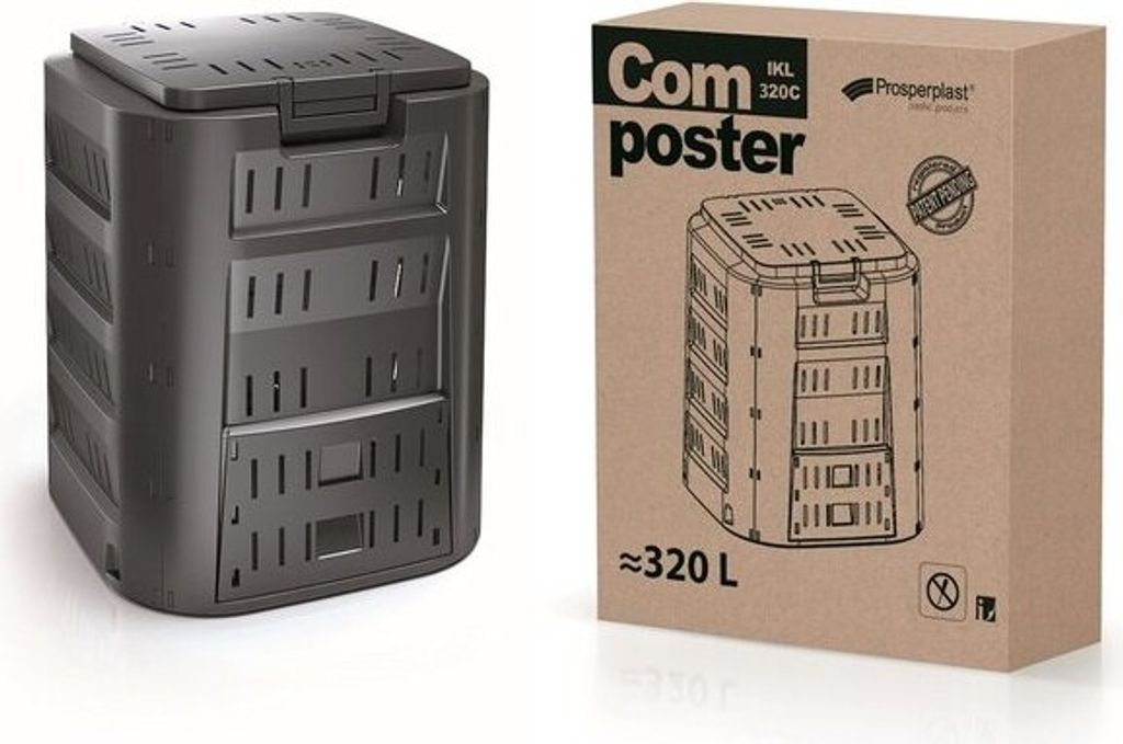 A product shot of a black compost bin next to its cardboard packaging.