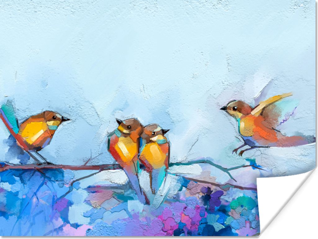 MuchoWow Poster Gemälde - Ölfarbe - Vogel - Zweig 80x60 cm - Kunst für zu Hause