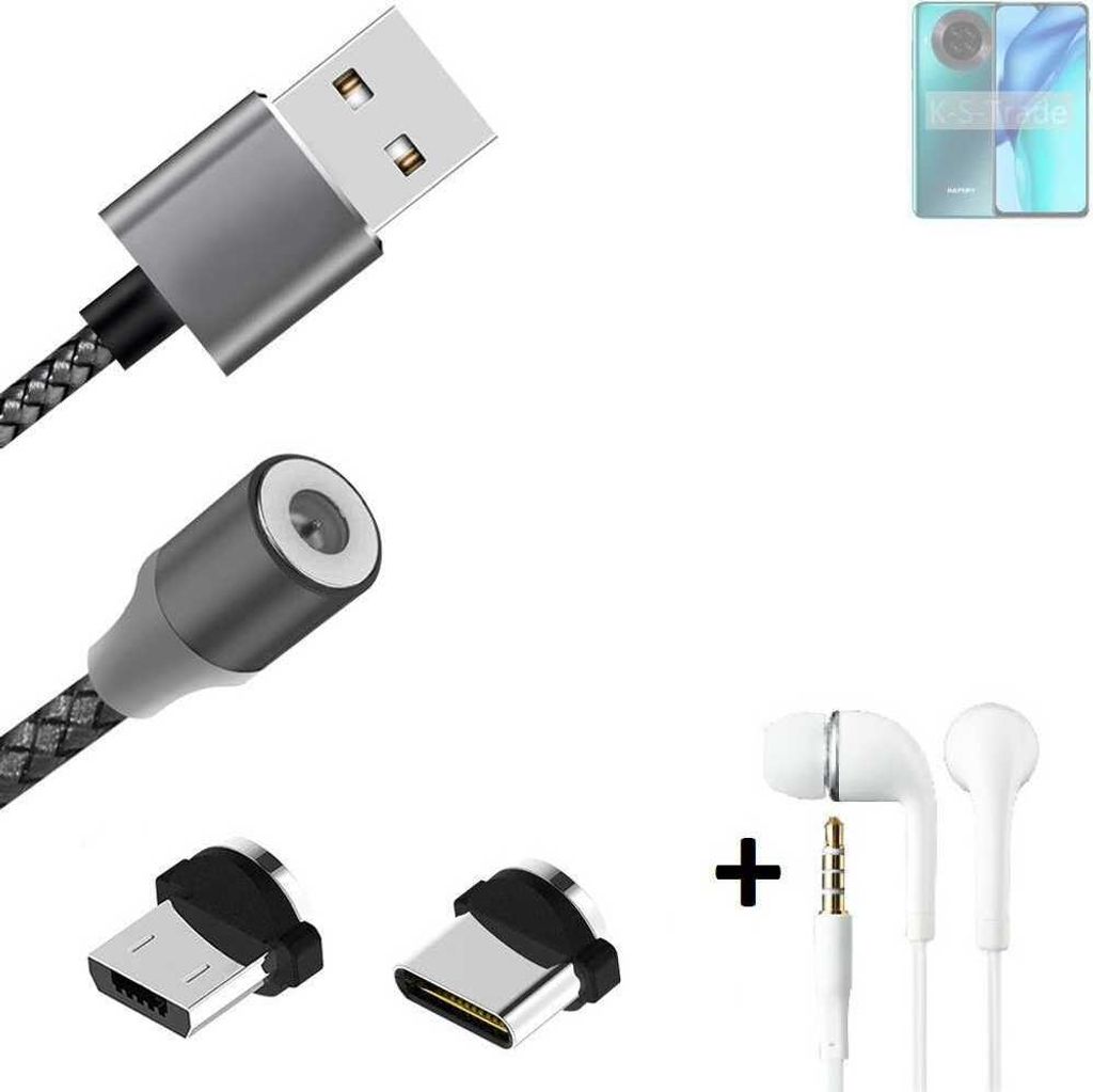 K-S-Trade Hochwertiges Magnet-Lade-kabel Sync-Kabel Daten-Kabel + Kopfhörer für Hafury K30 Pro mit USB-Typ-C-Anschluss und Micro-USB-Anschluss 2A