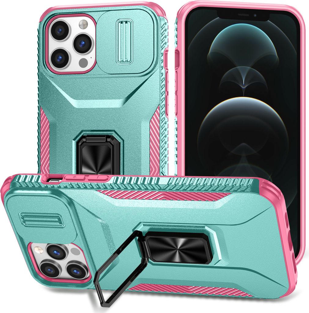 Handyhülle für iPhone 11 Pro Max Dual Layer Hülle mit Schiebe Kamera Schutz und Ringhalter Ständer Türkis