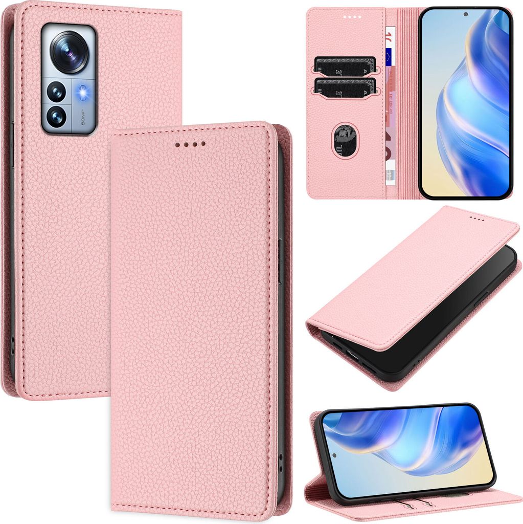 Litchi Leder Handyhülle für Xiaomi 12 Pro/Xiaomi 12S Pro Wallet Kartenfächer Standfunktion Hülle Pink