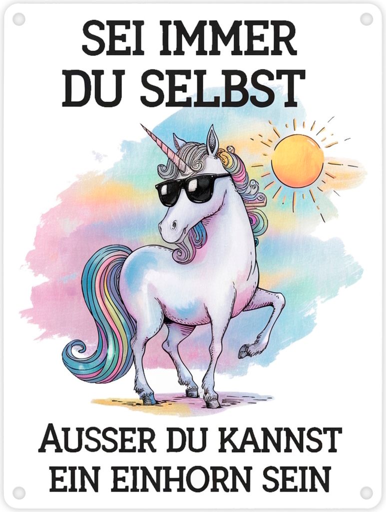 Einhorn mit Sonnenbrille Metallschild in 15x20 cm Sei ein Einhorn