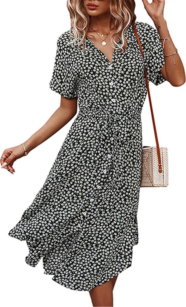 ASKSA Damen Blumen Sommerkleid Polka Dots Lose Kleid Freizeitkleid, Schwarz, M