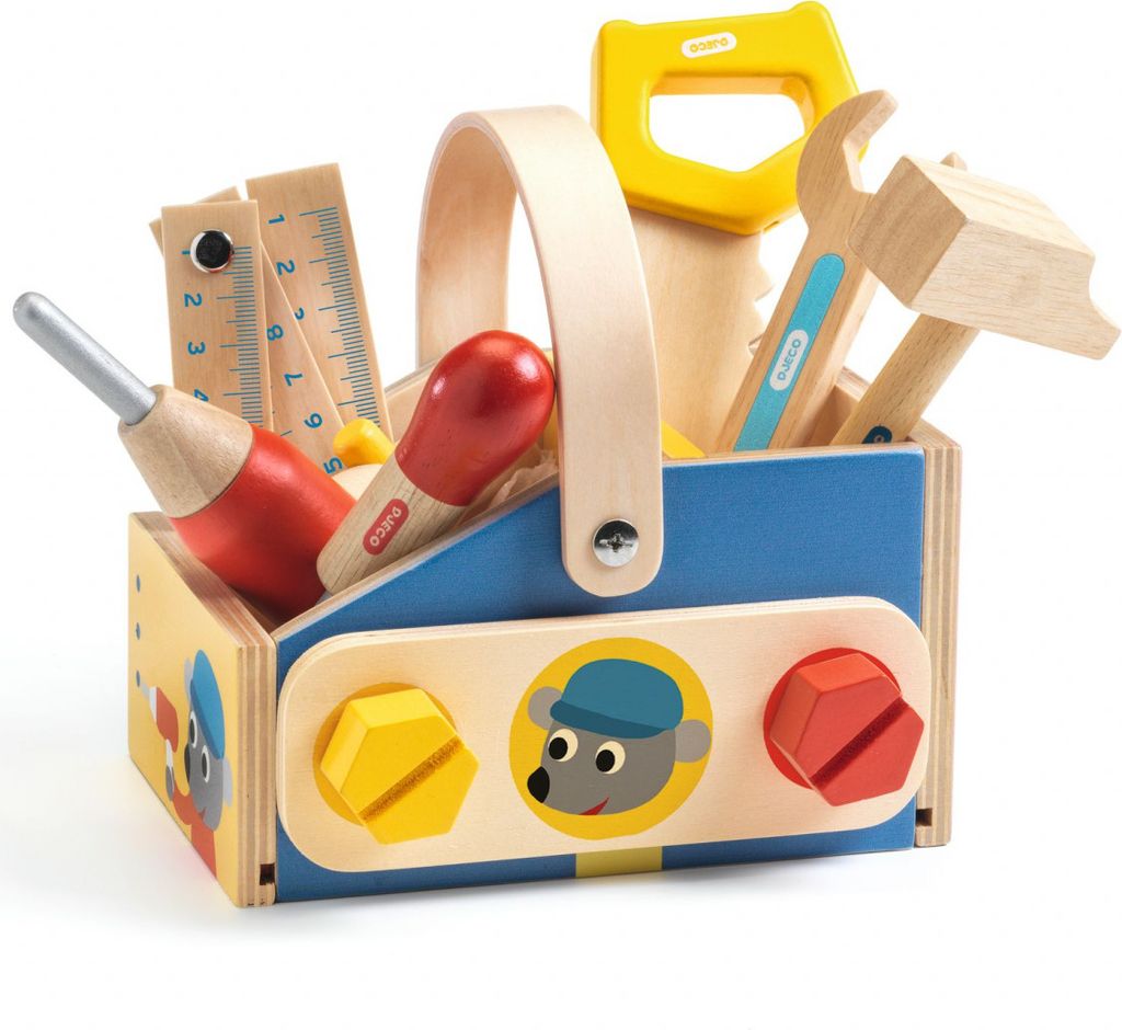 Djeco Minibrico Korbartiger Holz-Spielzeug-Werkzeugkasten Rollenspiel-Set ab 18 Monate