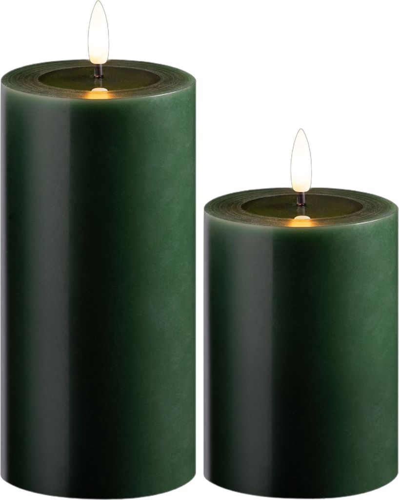 2er Set Led Kerzen flackernde Flamme mit Echtwachspiegel grün 7,5cm ø 1x 15 cm, 1x10 cm Höhe, LED Kerzen mit Timerfunktion, 2 AA Batterien nöti...