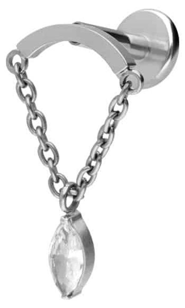 Ohrpiercing, Nasenpiercing Titan Labret mit Innengewinde BOGEN + KETTE + KRISTALLTROPFEN Silber Stablänge: 6mm | Stabstärke: 1,6mm | Discgröße:...