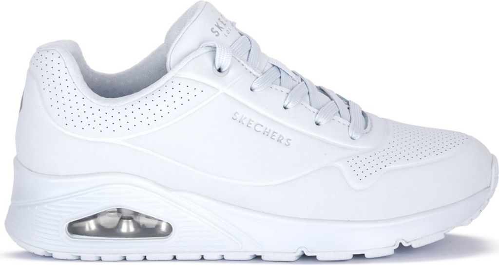 A white Skechers sneaker is shown from the side against a white background.