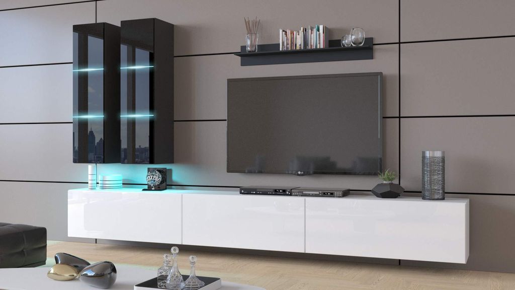 Furnitech Wohnwand Wohnzimmer - Wohnzimmer Möbel mit LED Weiß - Hängend Wohnwand Modern - Regale und TV Schrank (Egina AN50-18WB-HG6 1B)
